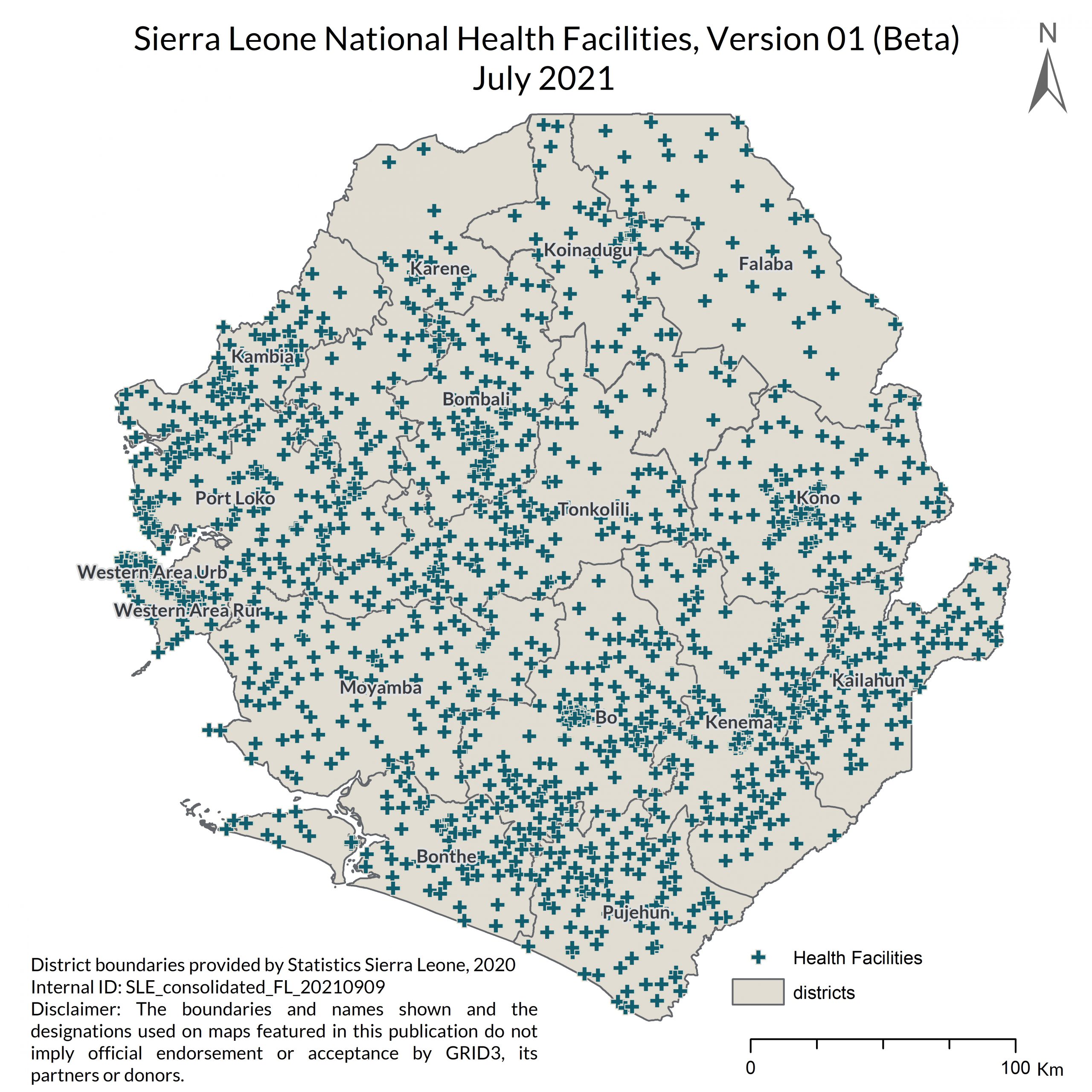 Spatial view of health facilities in Sierra Leone